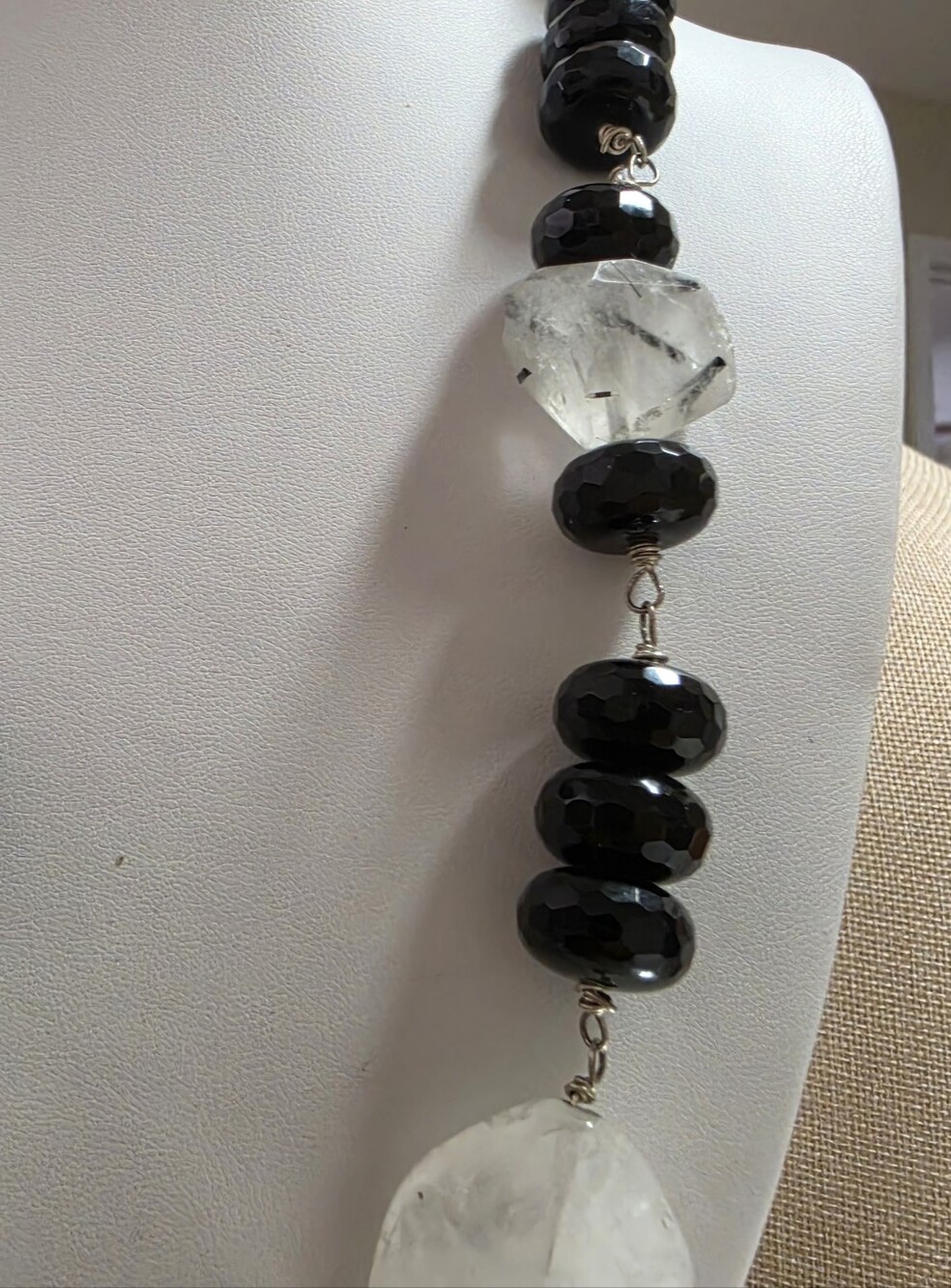 Artisan  Black& White Chunky Tourmalinated and Milky Quartz and Glass Necklace - Picture 3 of 9